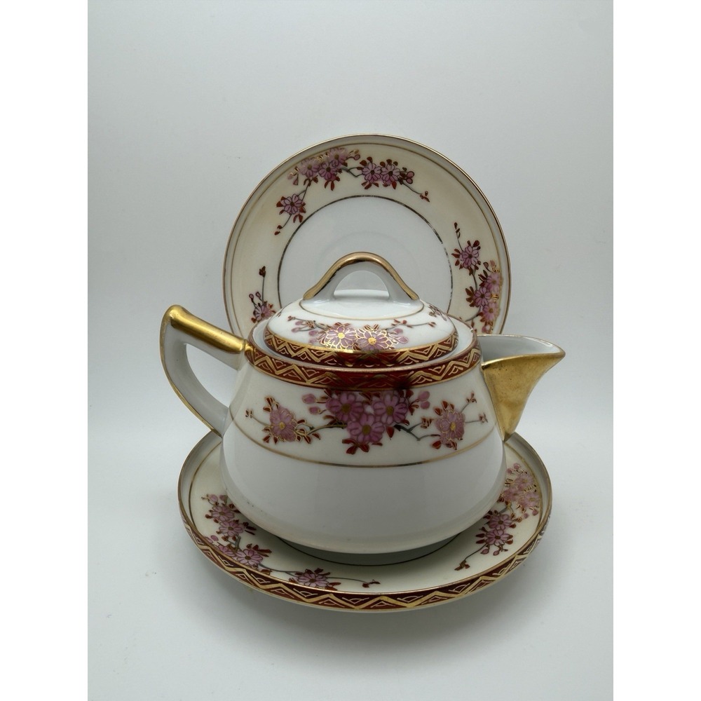 Vintage Soko China Japan Cherry Blossoms Teapot Lidded Creamer & 2 Small Plates